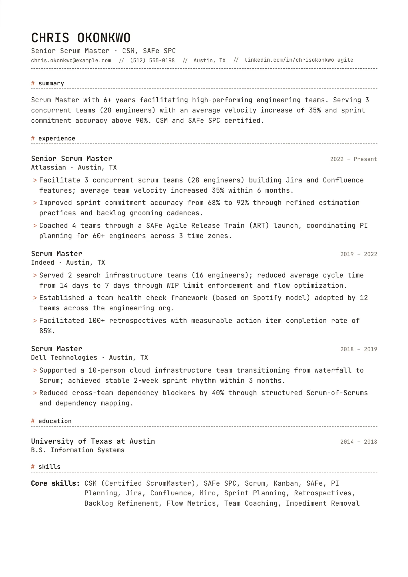 Scrum Master resume example as a one-page PDF in the LuckyResume editor