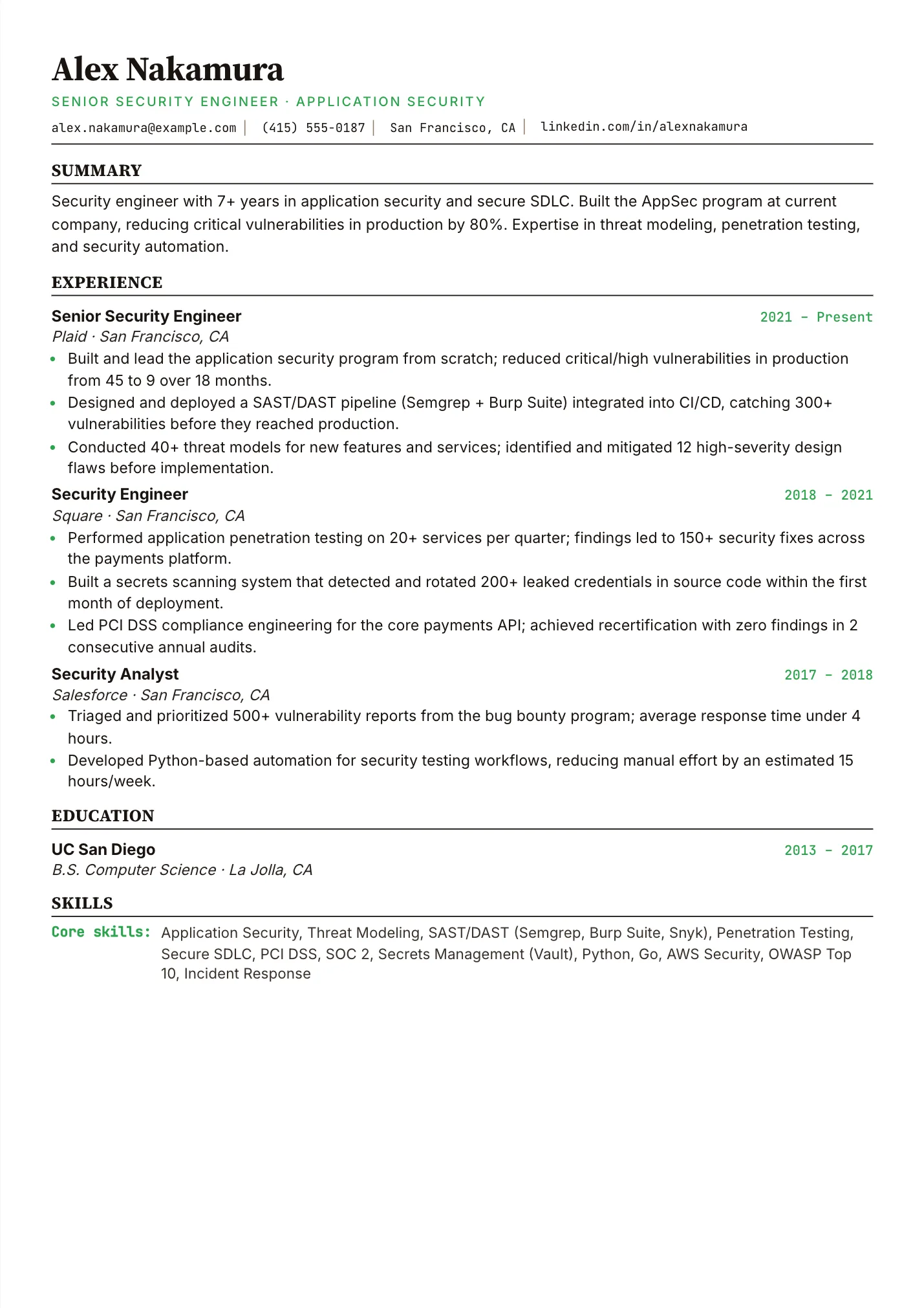 Security Engineer resume example as a one-page PDF in the LuckyResume editor