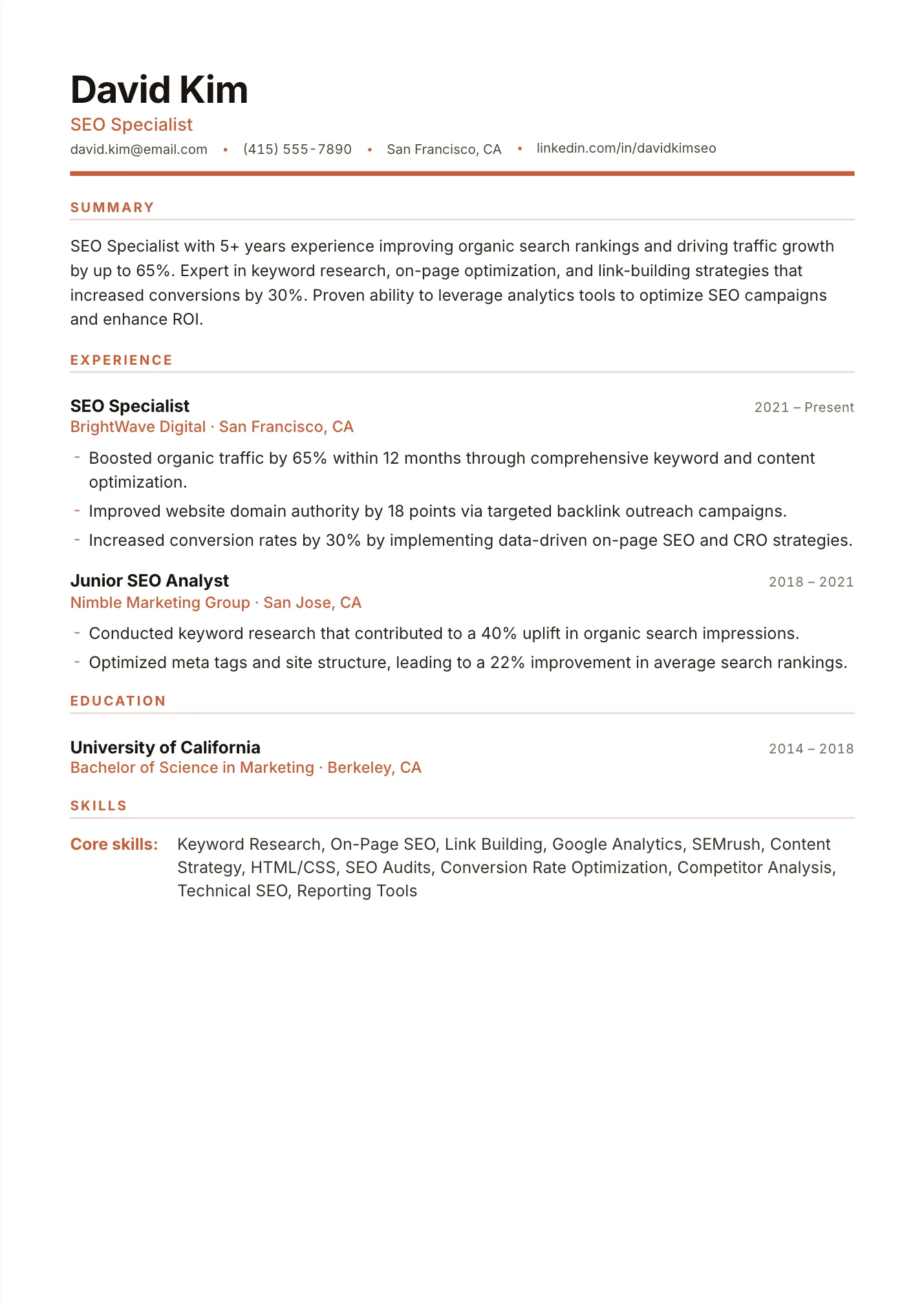 SEO Specialist resume example as a one-page PDF in the LuckyResume editor