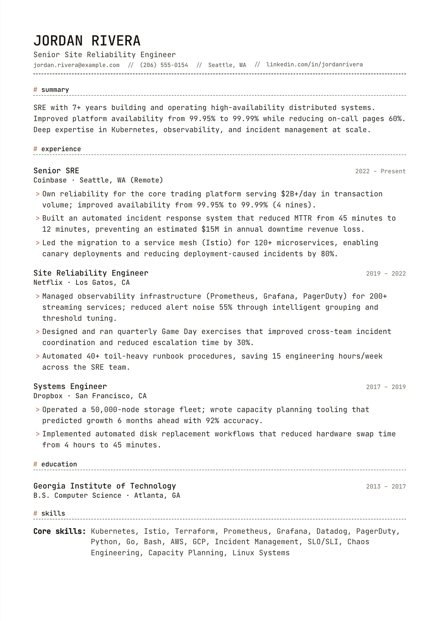 Site Reliability Engineer resume example as a one-page PDF in the LuckyResume editor