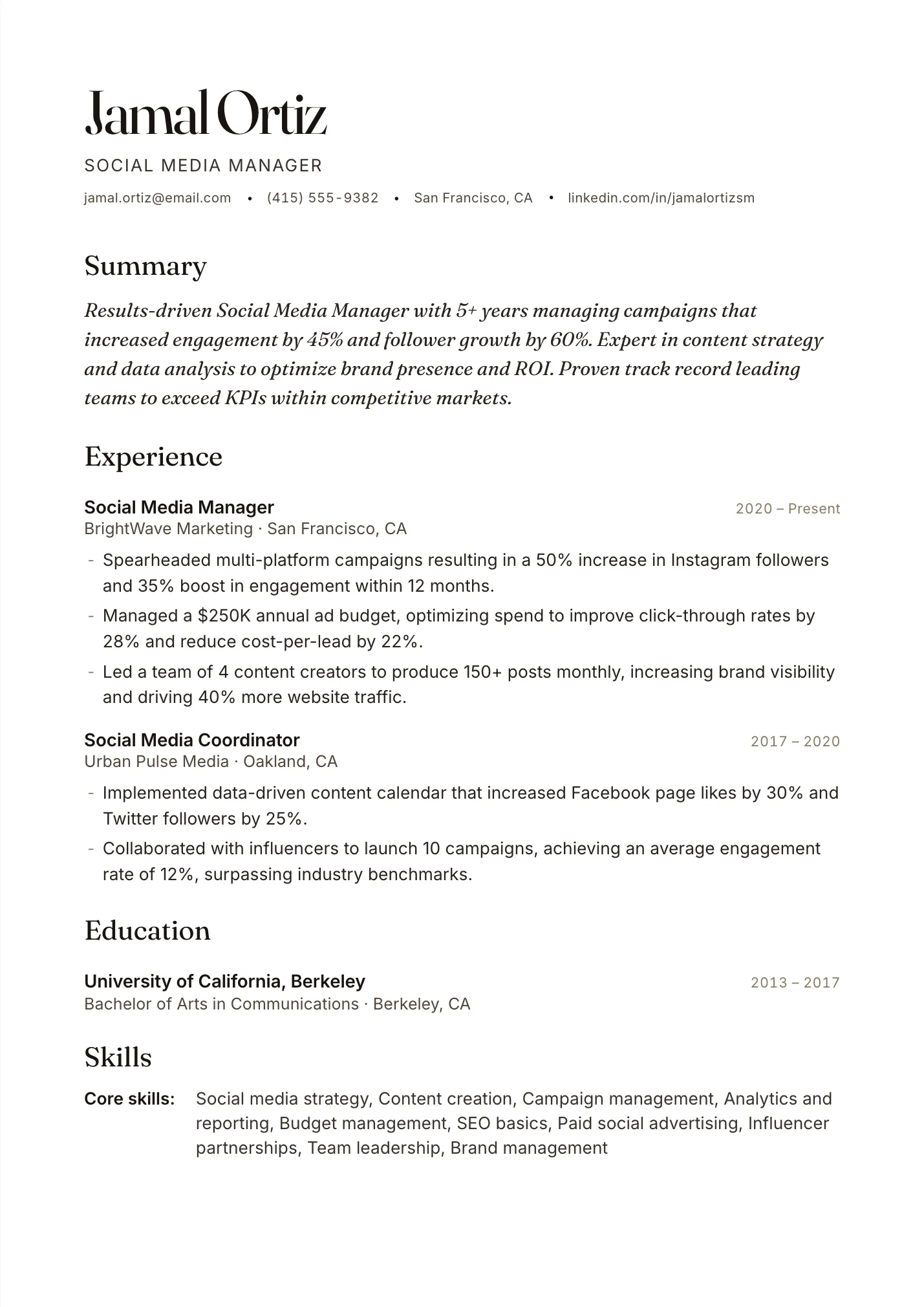 Social Media Manager resume example as a one-page PDF in the LuckyResume editor