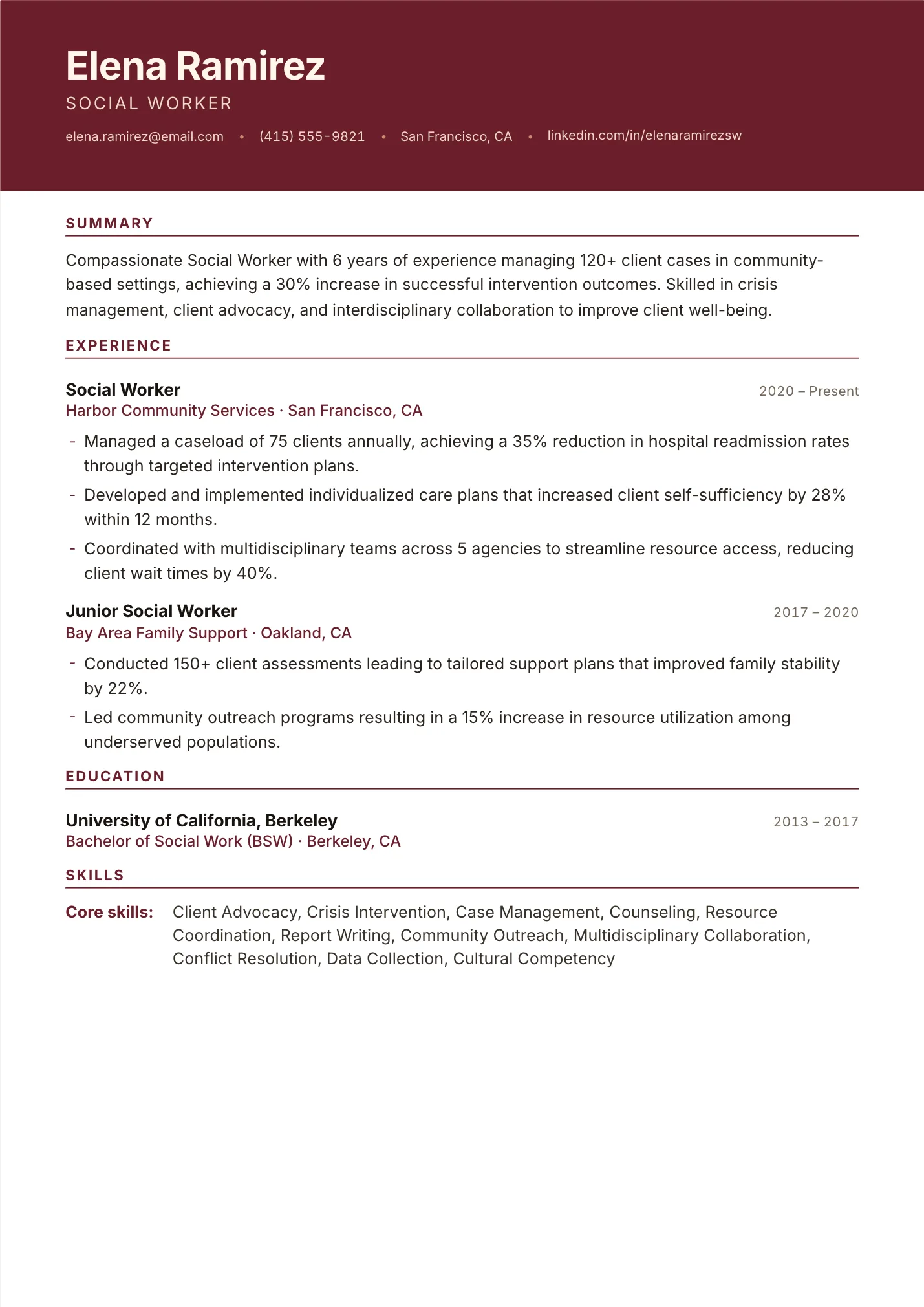 Social Worker resume example as a one-page PDF in the LuckyResume editor