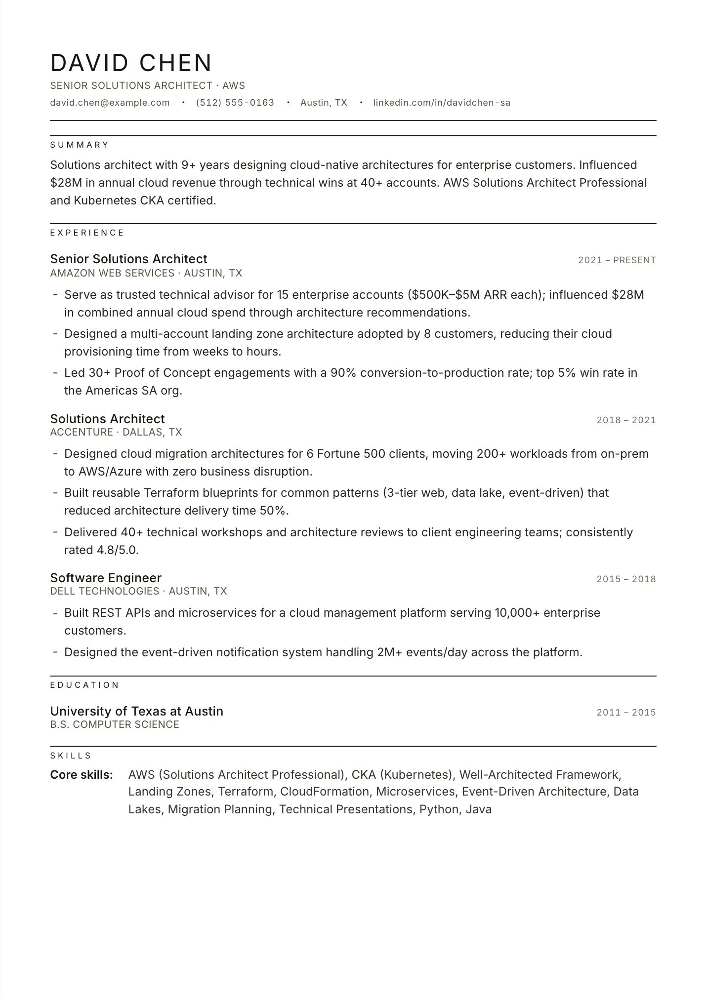 Solutions Architect resume example as a one-page PDF in the LuckyResume editor