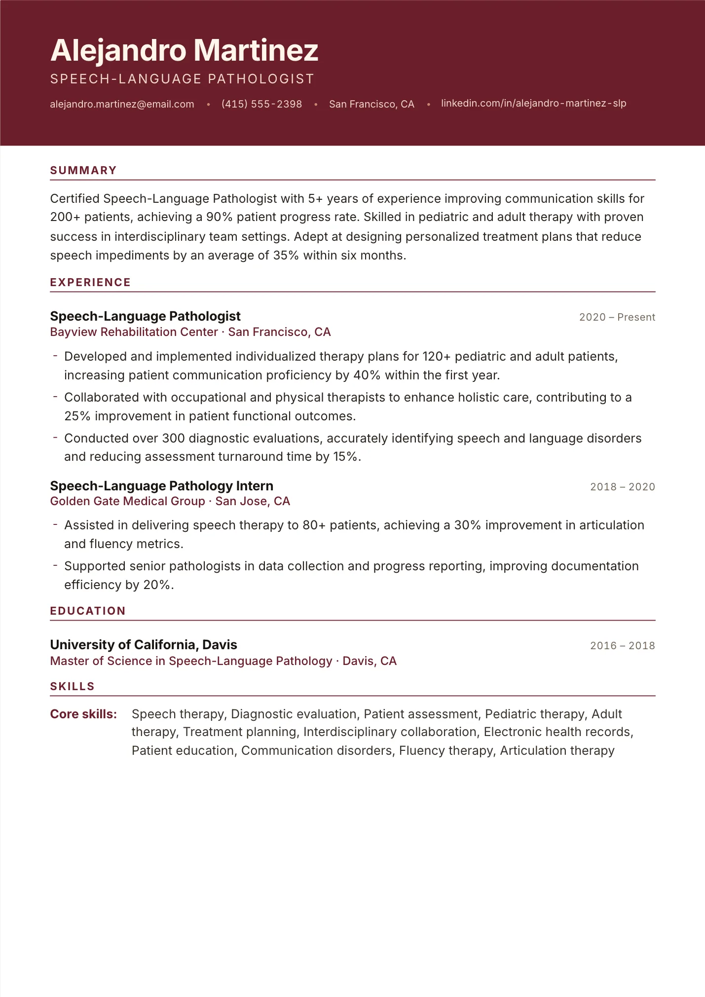 Speech-Language Pathologist resume example as a one-page PDF in the LuckyResume editor