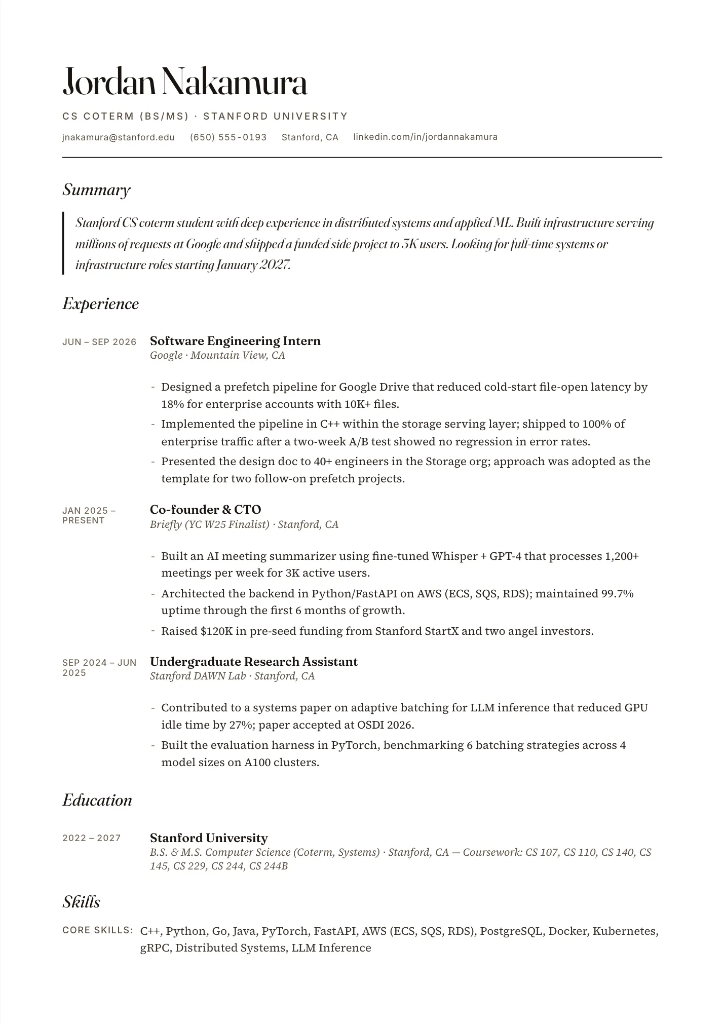 Stanford Resume resume example as a one-page PDF in the LuckyResume editor