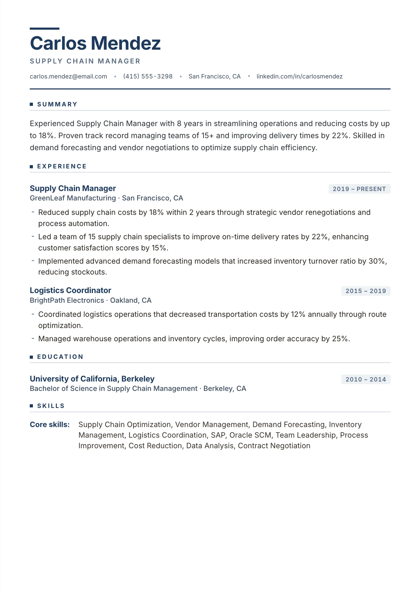 Supply Chain Manager resume example as a one-page PDF in the LuckyResume editor