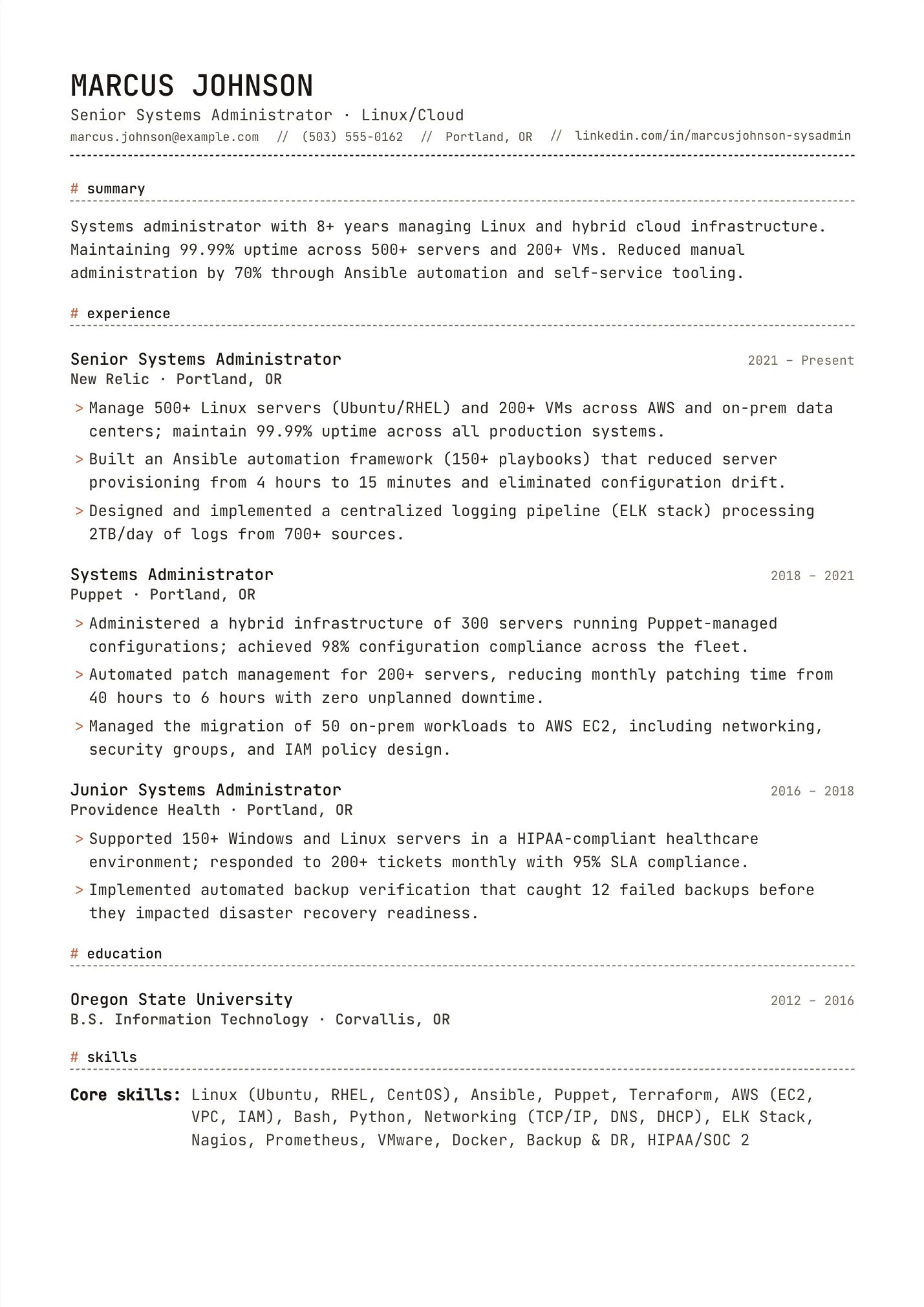 Systems Administrator resume example as a one-page PDF in the LuckyResume editor