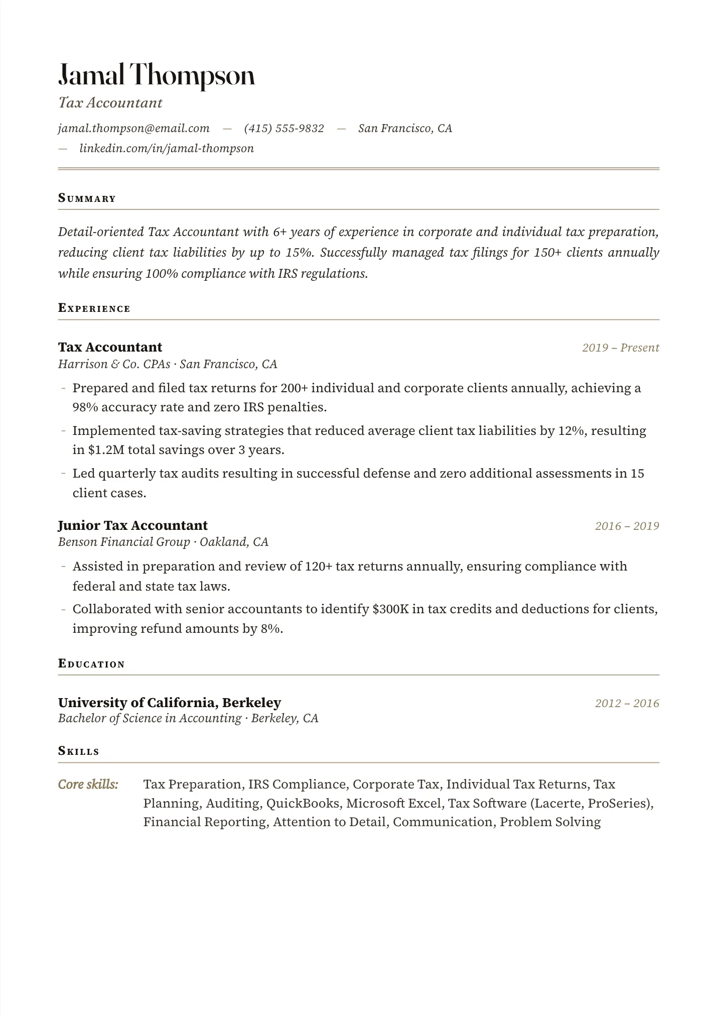 Tax Accountant resume example as a one-page PDF in the LuckyResume editor