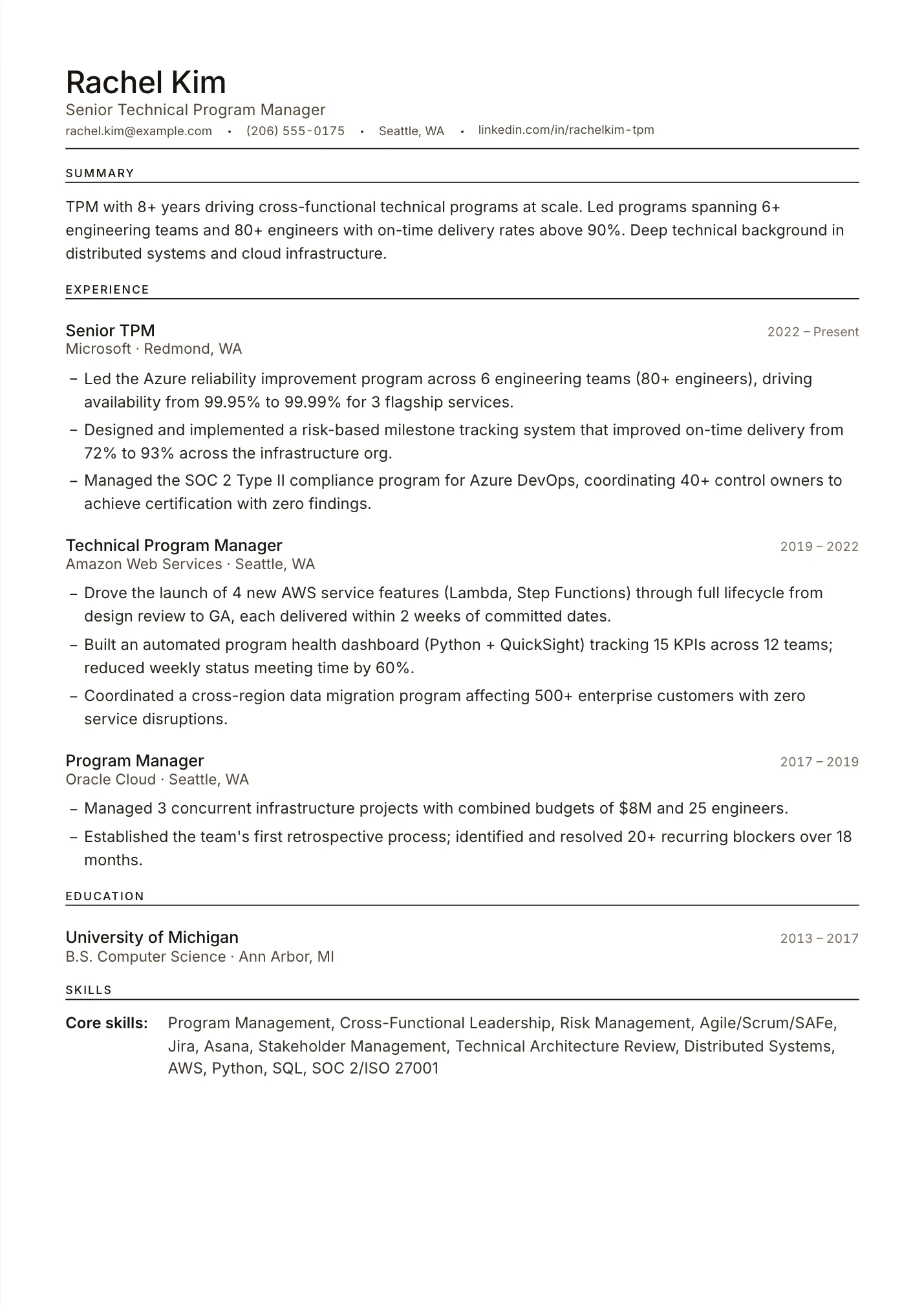 Technical Program Manager resume example as a one-page PDF in the LuckyResume editor
