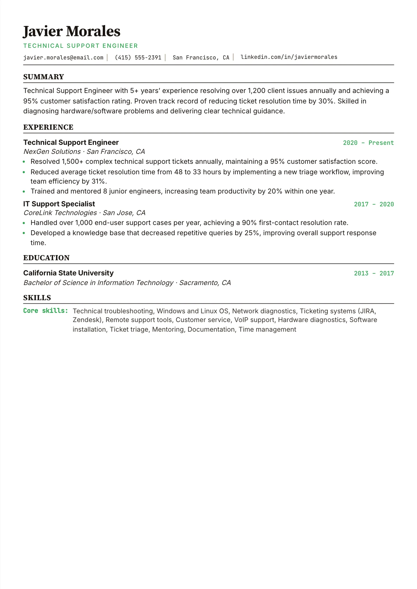 Technical Support Engineer resume example as a one-page PDF in the LuckyResume editor