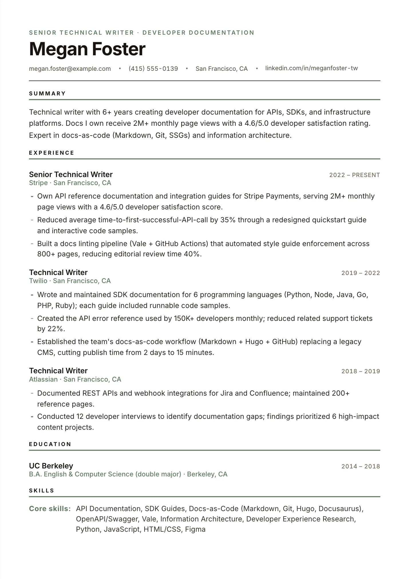 Technical Writer resume example as a one-page PDF in the LuckyResume editor