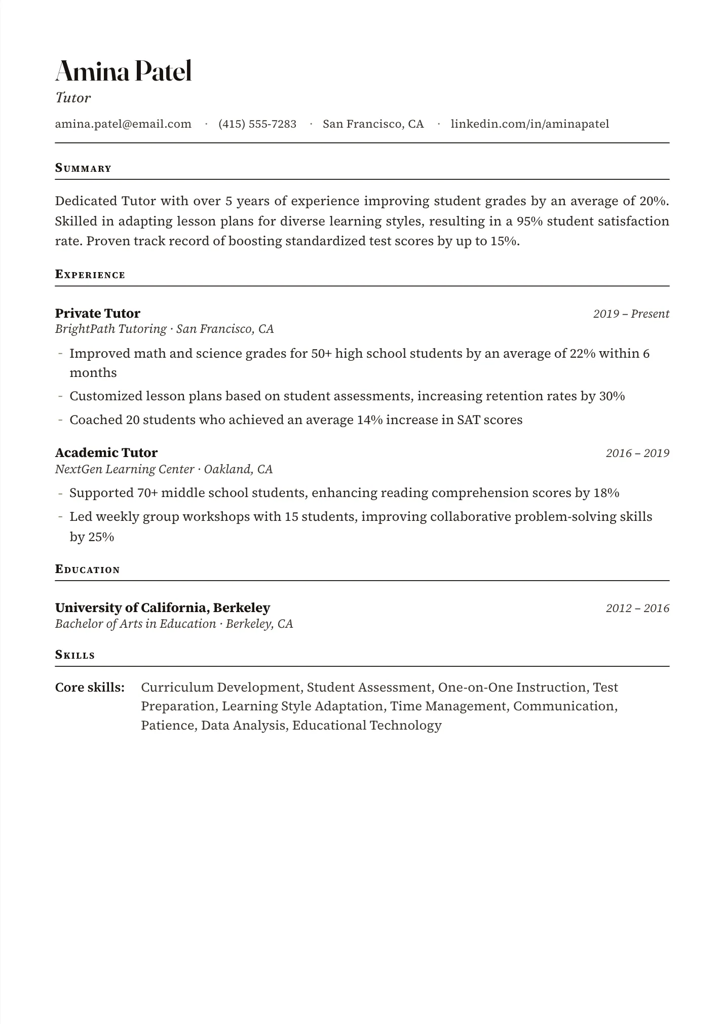 Tutor resume example as a one-page PDF in the LuckyResume editor