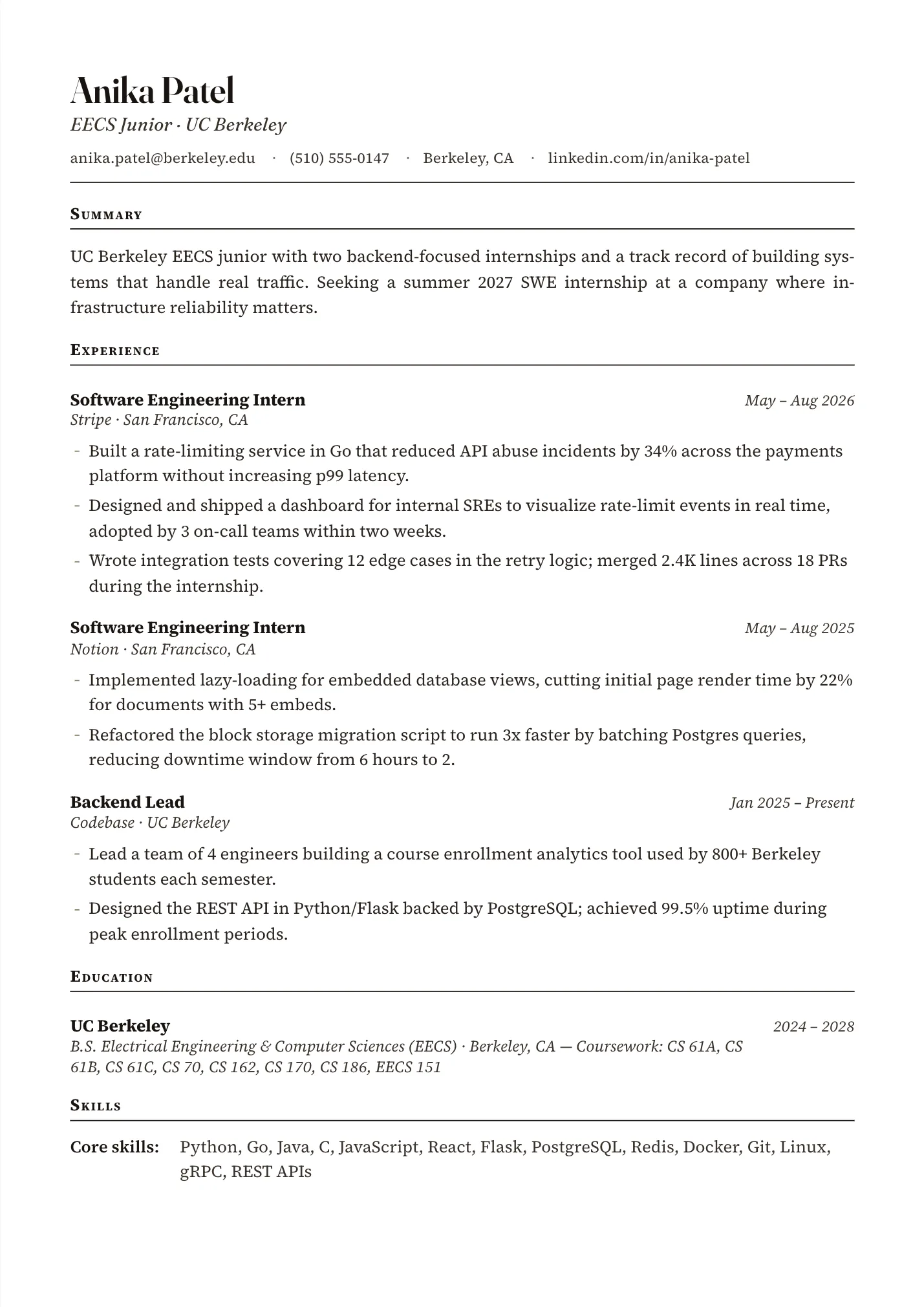 UC Berkeley Resume resume example as a one-page PDF in the LuckyResume editor