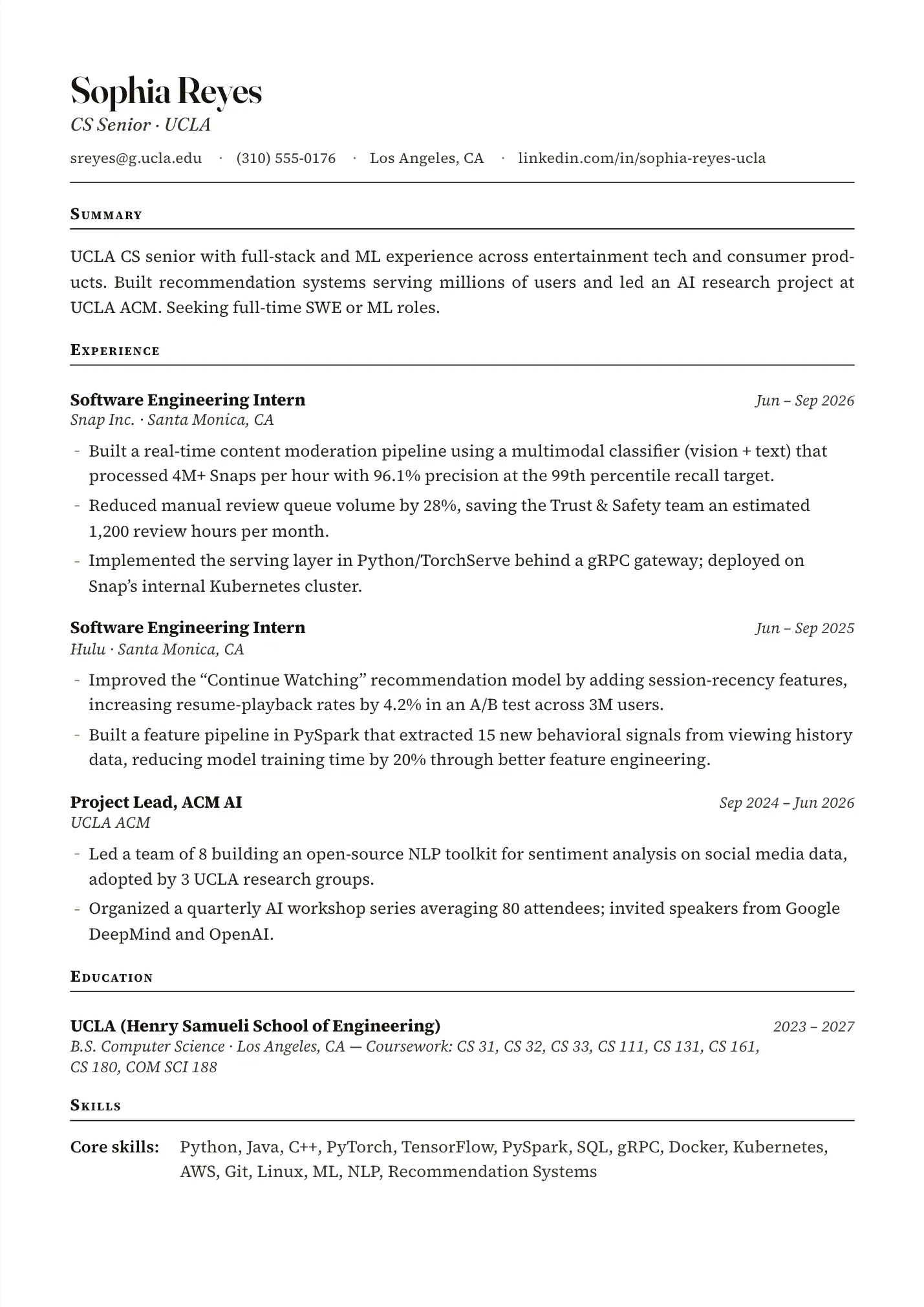 UCLA Resume resume example as a one-page PDF in the LuckyResume editor