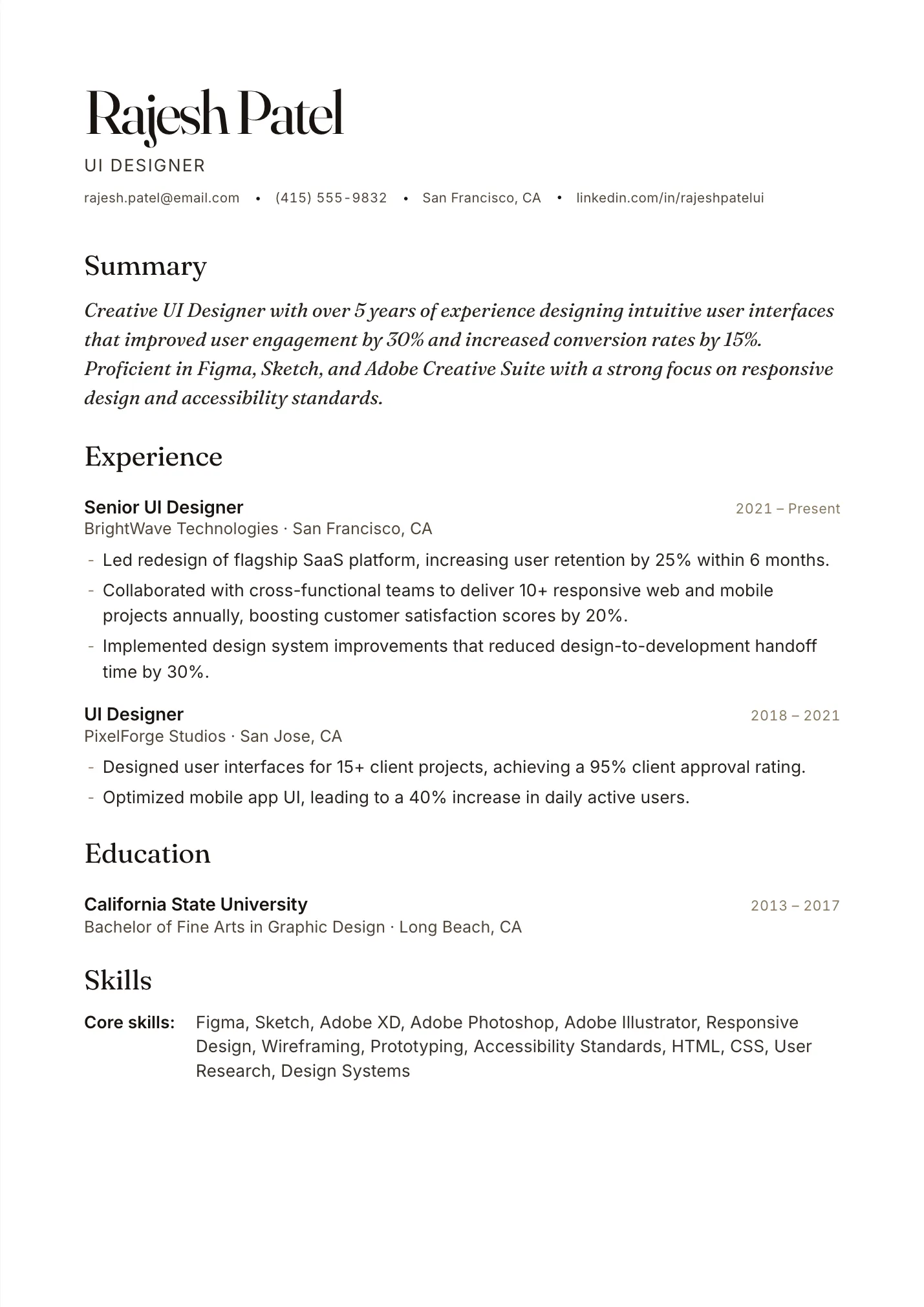 UI Designer resume example as a one-page PDF in the LuckyResume editor