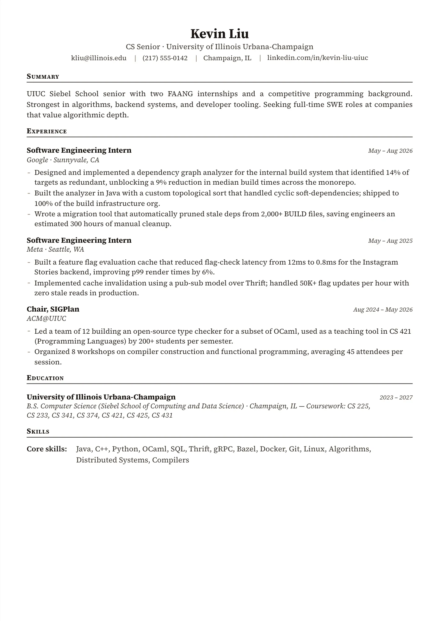 UIUC Resume resume example as a one-page PDF in the LuckyResume editor