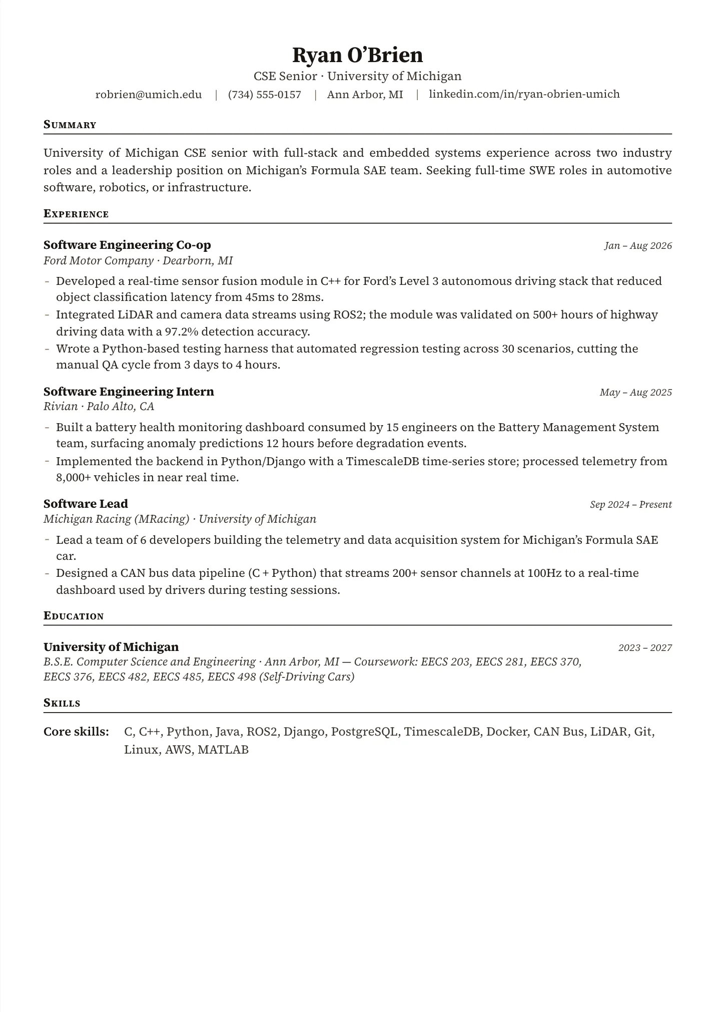 UMich Resume resume example as a one-page PDF in the LuckyResume editor