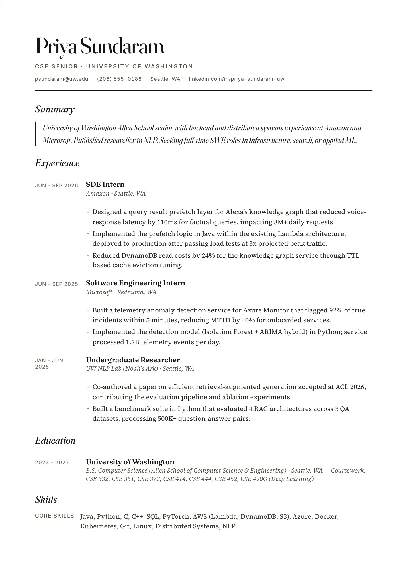 UW Resume resume example as a one-page PDF in the LuckyResume editor