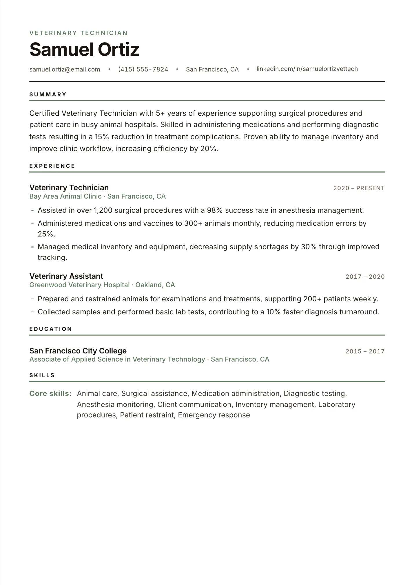 Veterinary Technician resume example as a one-page PDF in the LuckyResume editor