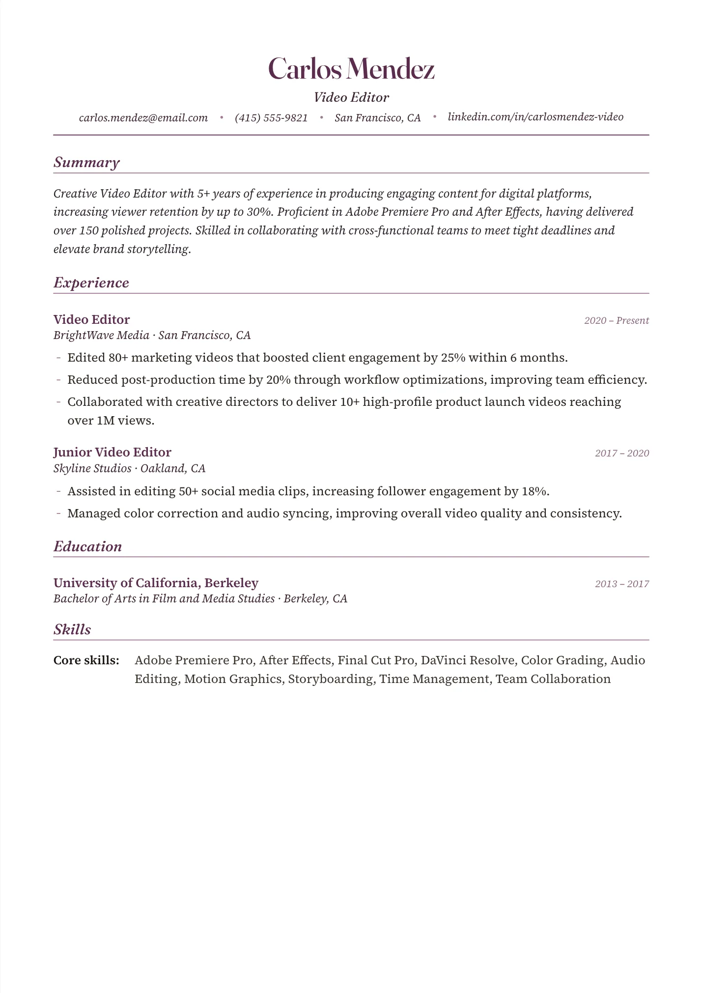 Video Editor resume example as a one-page PDF in the LuckyResume editor