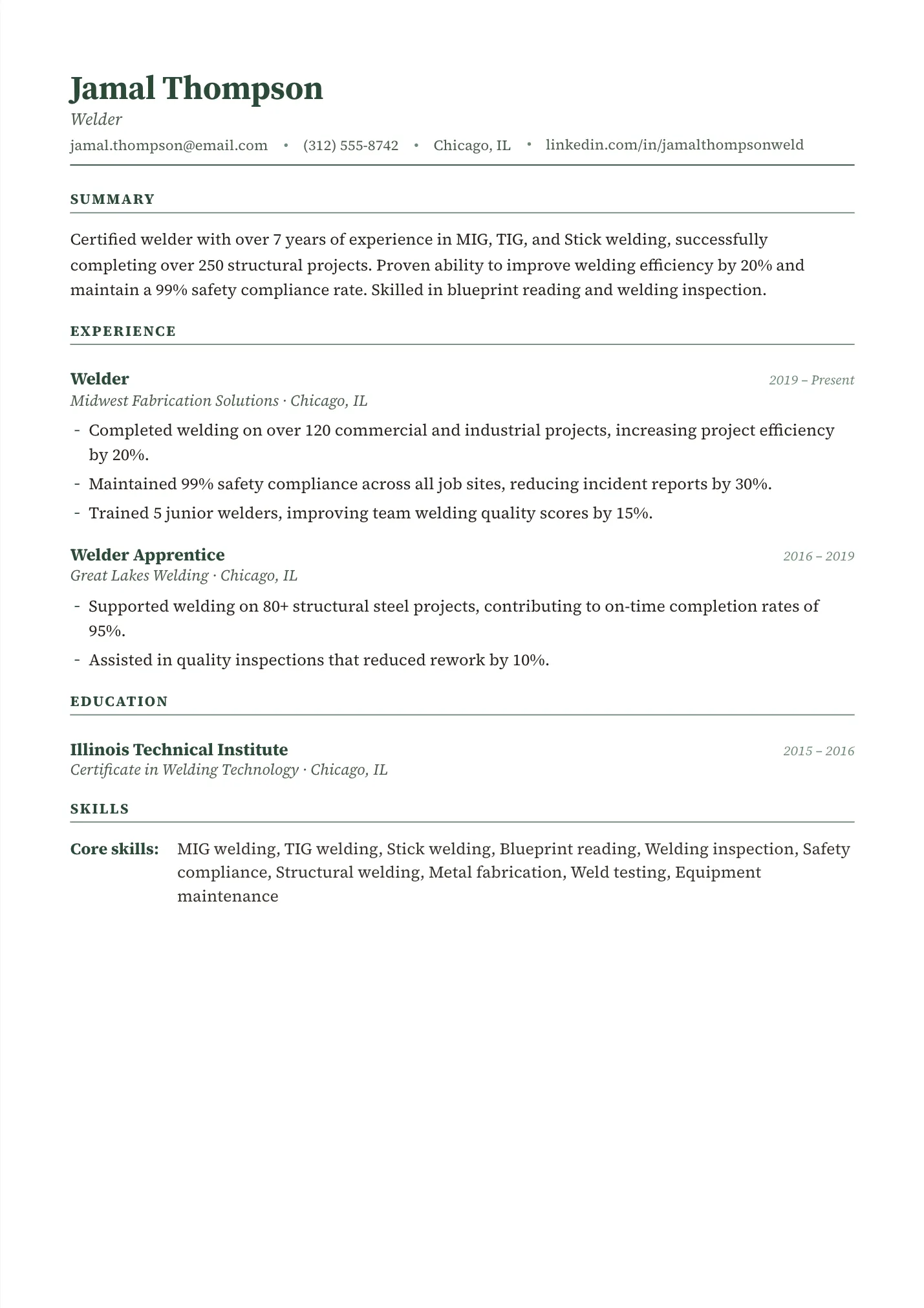 Welder resume example as a one-page PDF in the LuckyResume editor